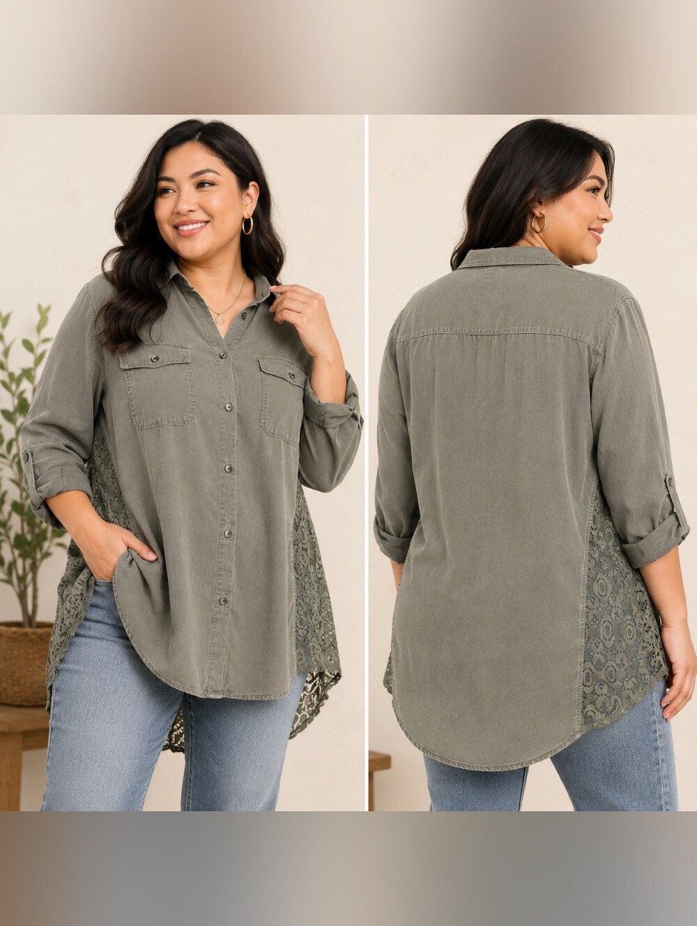 Indigo Thread Co. Sage Green Rayon Button Front Tunic Blouse 1X Lace Sides A-233